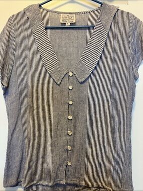Masai Striped Short-Sleeve Button-Down Top in Black & White